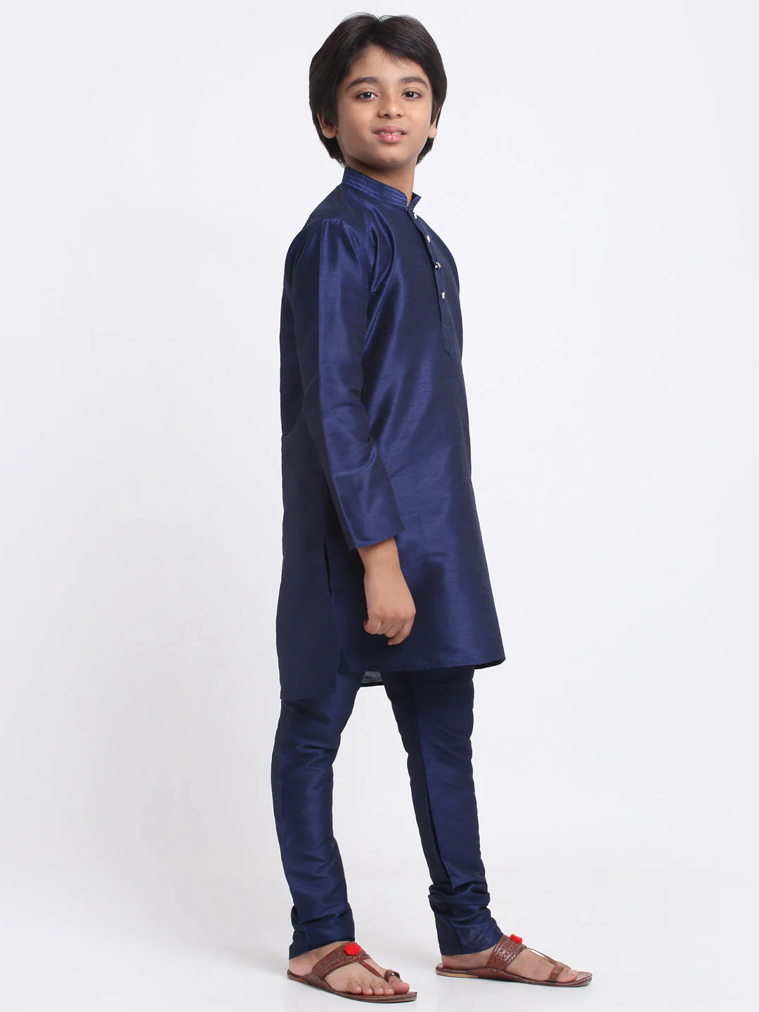 KRAFT INDIA Boys Navy Blue Silk Blend Kurta and Churidar with Jacquard Blue Nehru jacket - Image 7