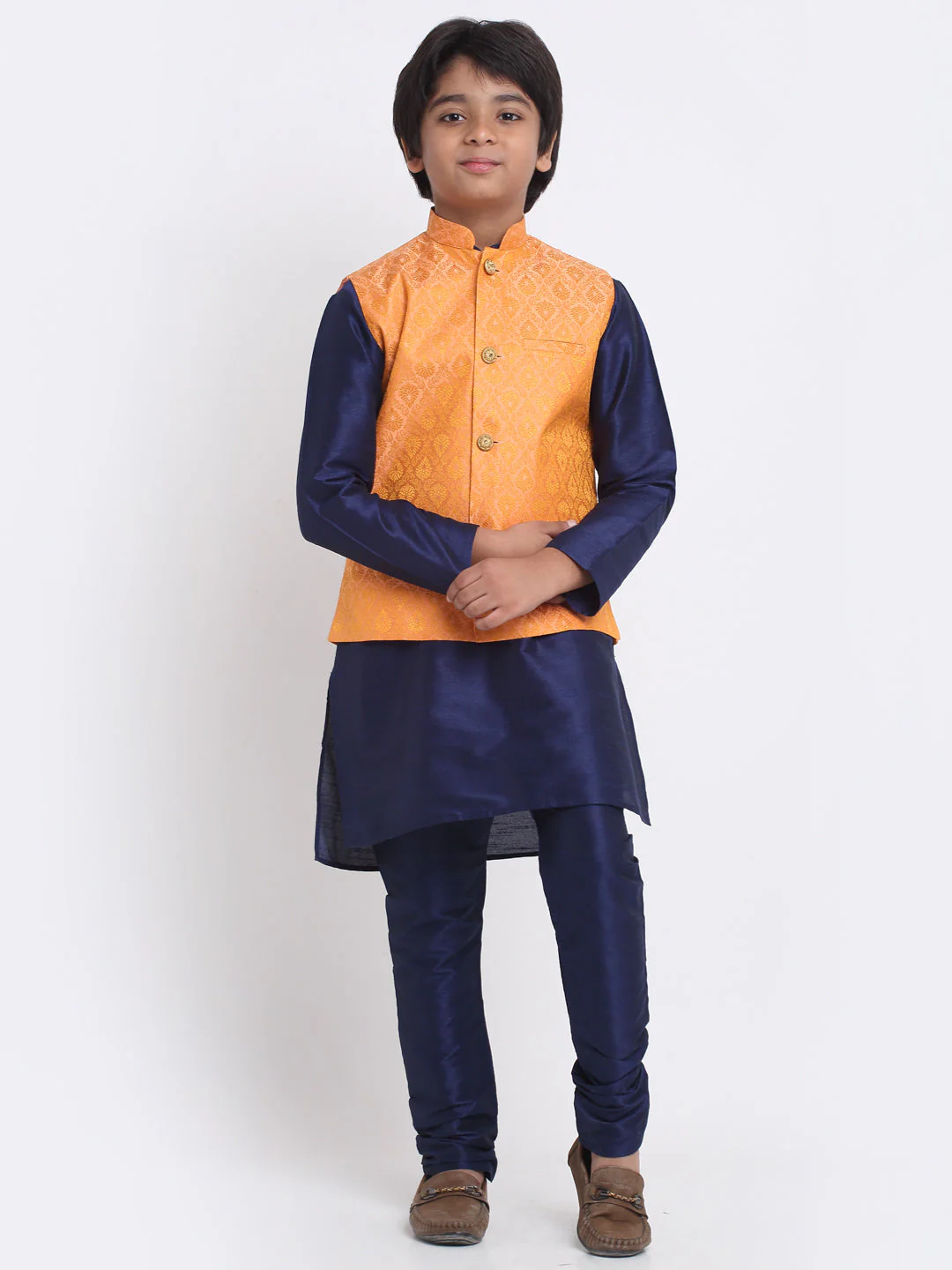 KRAFT INDIA Boys Navy Blue Silk Blend Kurta and Churidar with Jacquard Peach Nehru jacket - Image 2