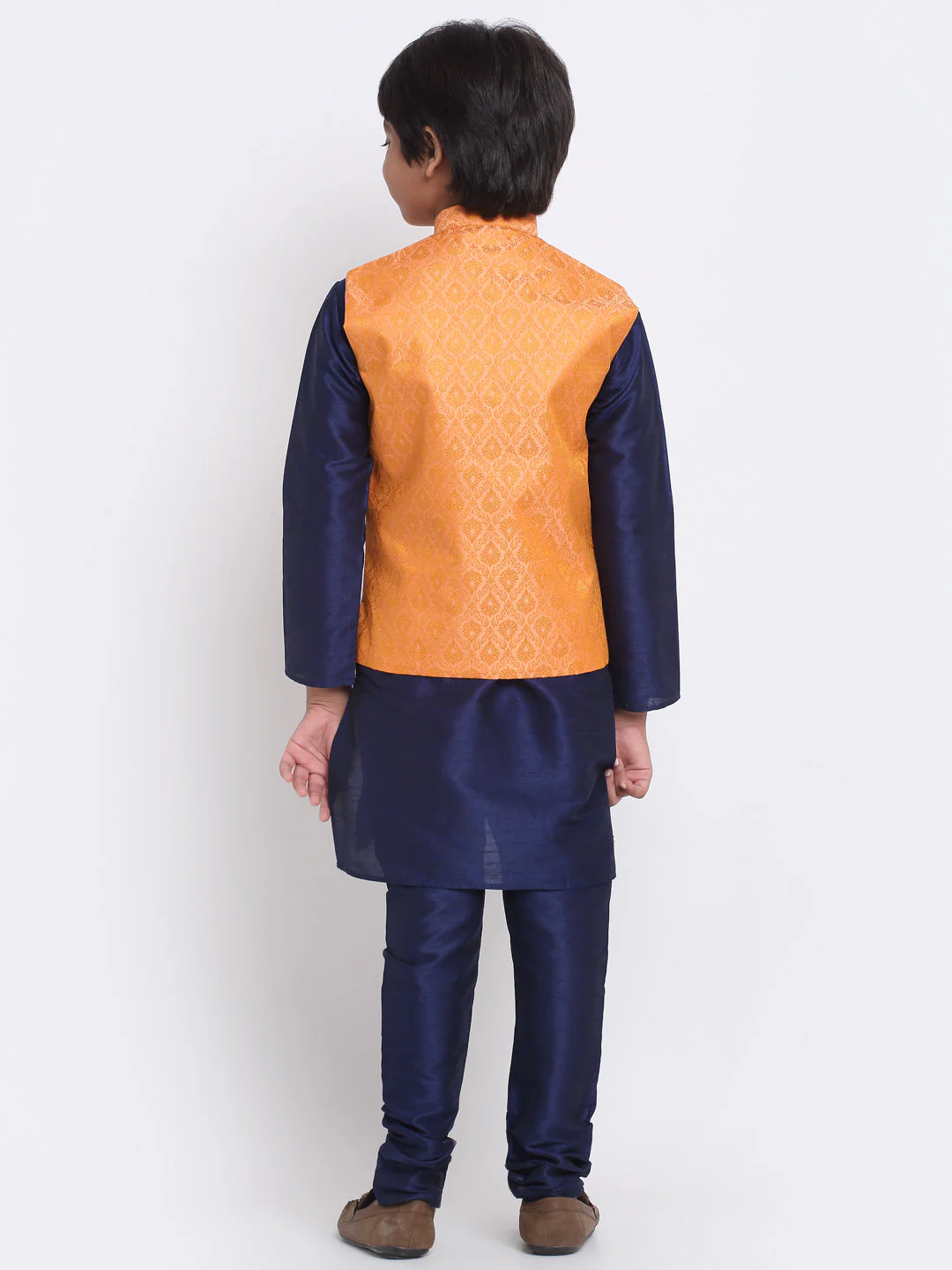 KRAFT INDIA Boys Navy Blue Silk Blend Kurta and Churidar with Jacquard Peach Nehru jacket - Image 3