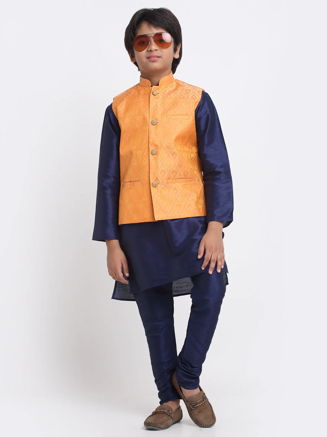 KRAFT INDIA Boys Navy Blue Silk Blend Kurta and Churidar with Jacquard Peach Nehru jacket - Image 4