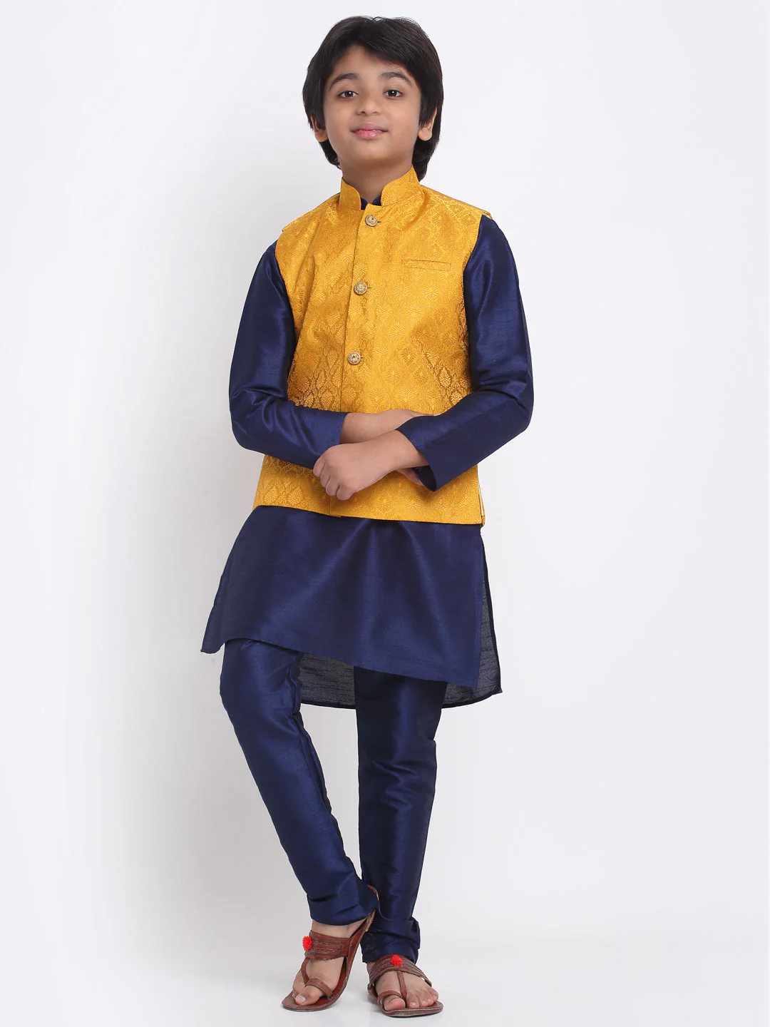 KRAFT INDIA Boys Navy Blue Silk Blend Kurta and Churidar with Jacquard Yellow Nehru jacket