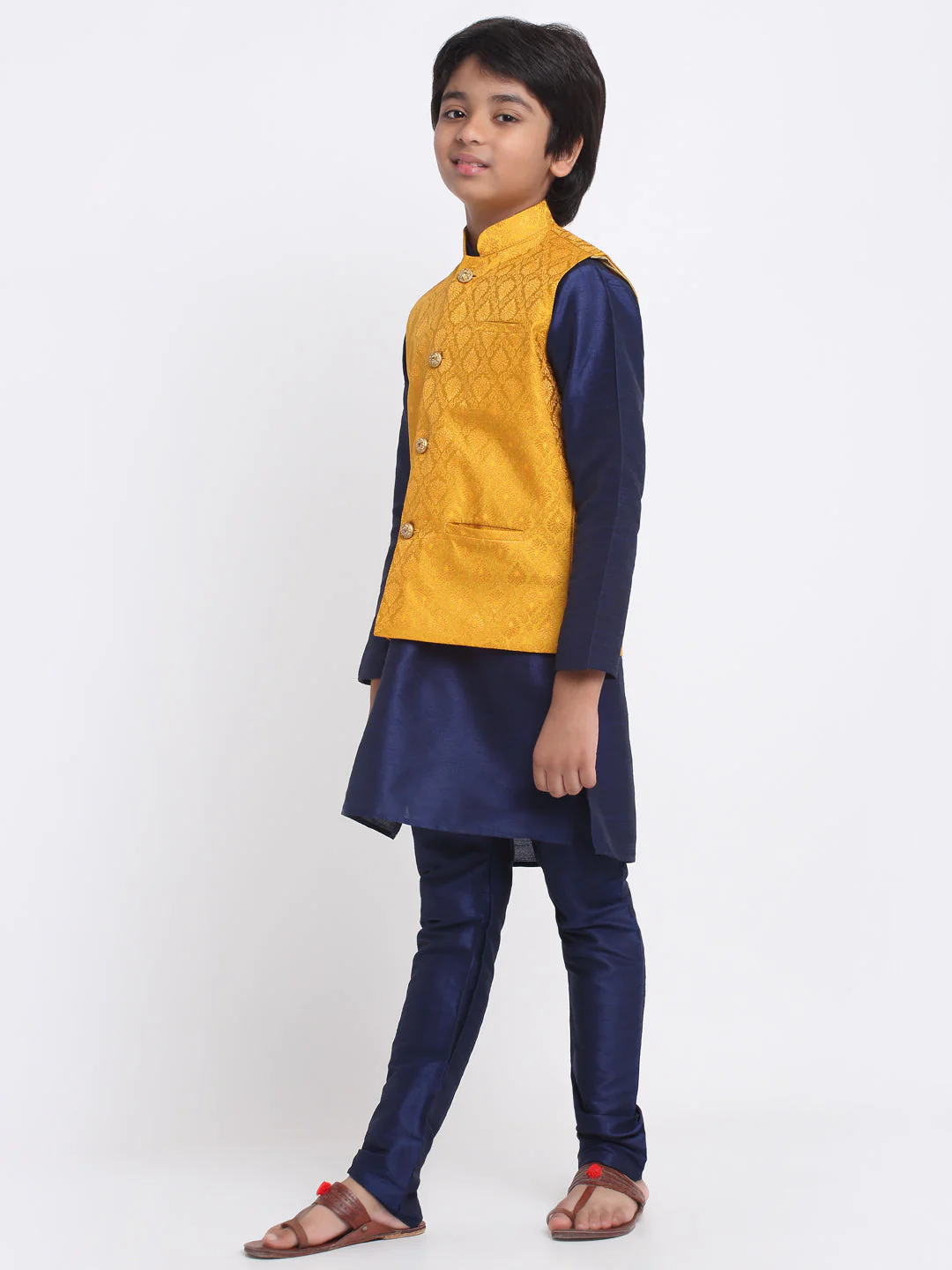 KRAFT INDIA Boys Navy Blue Silk Blend Kurta and Churidar with Jacquard Yellow Nehru jacket - Image 2