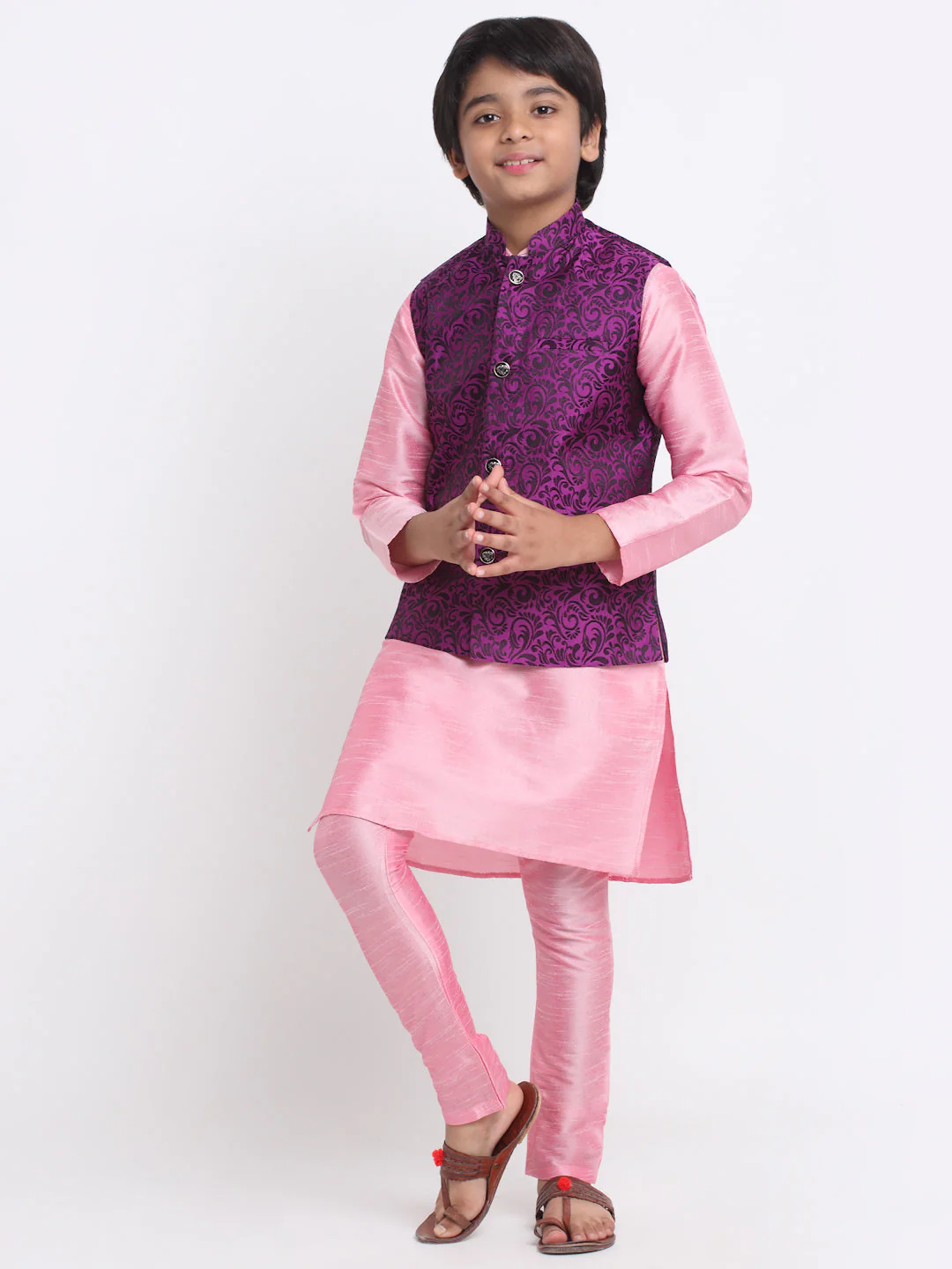 KRAFT INDIA Boys Pink Silk Blend Kurta and Churidar with Jacquard Purple Nehru jacket