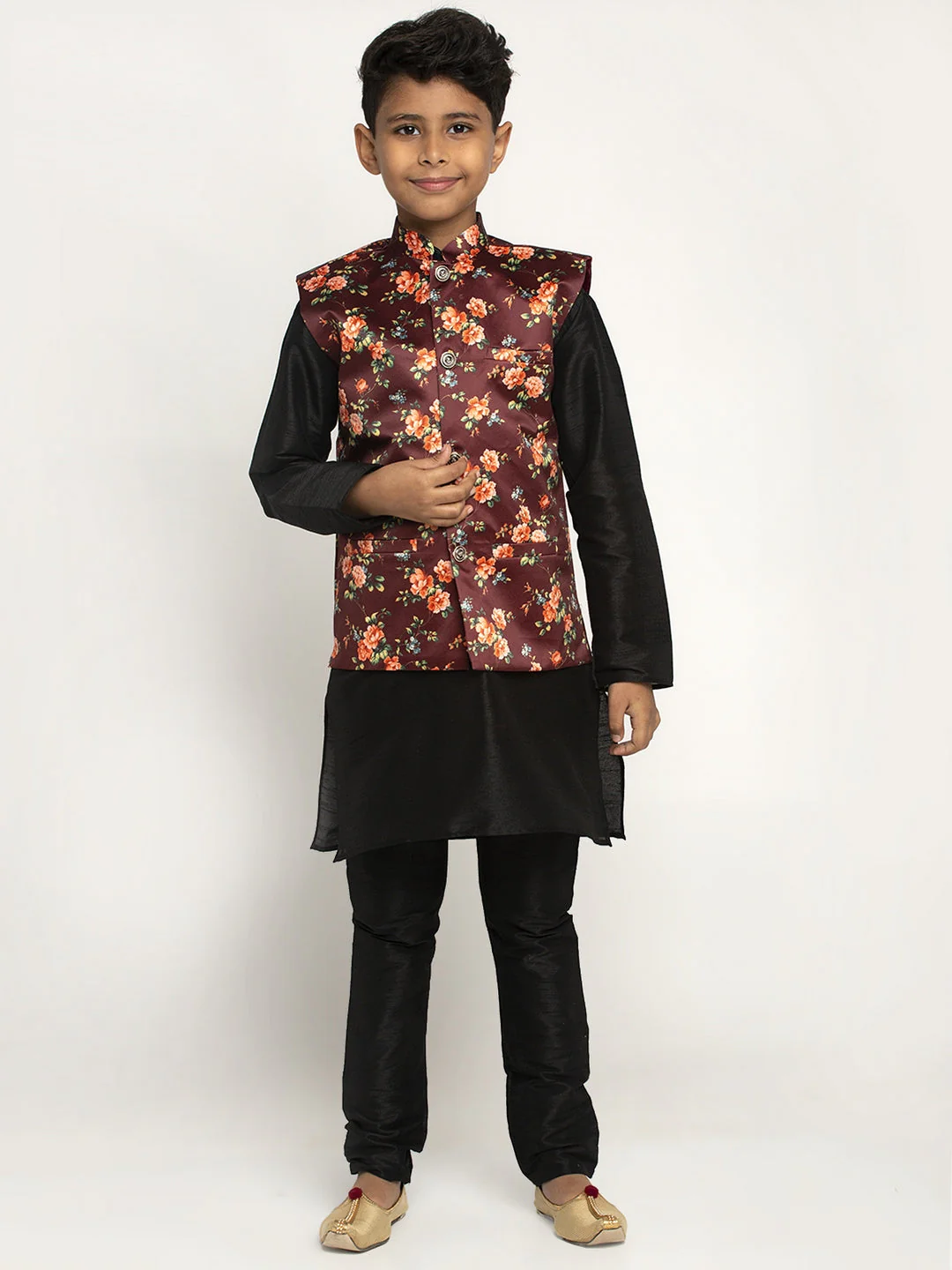 KRAFT INDIA Boys Silk Kurta with Churidar & Satin Printed Nehru jacket Set (BLACK) - Image 11