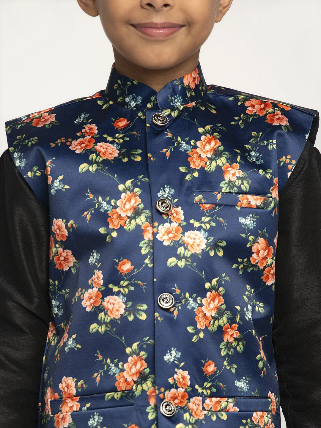KRAFT INDIA Boys Silk Kurta with Churidar & Satin Printed Nehru jacket Set (BLACK) - Image 24