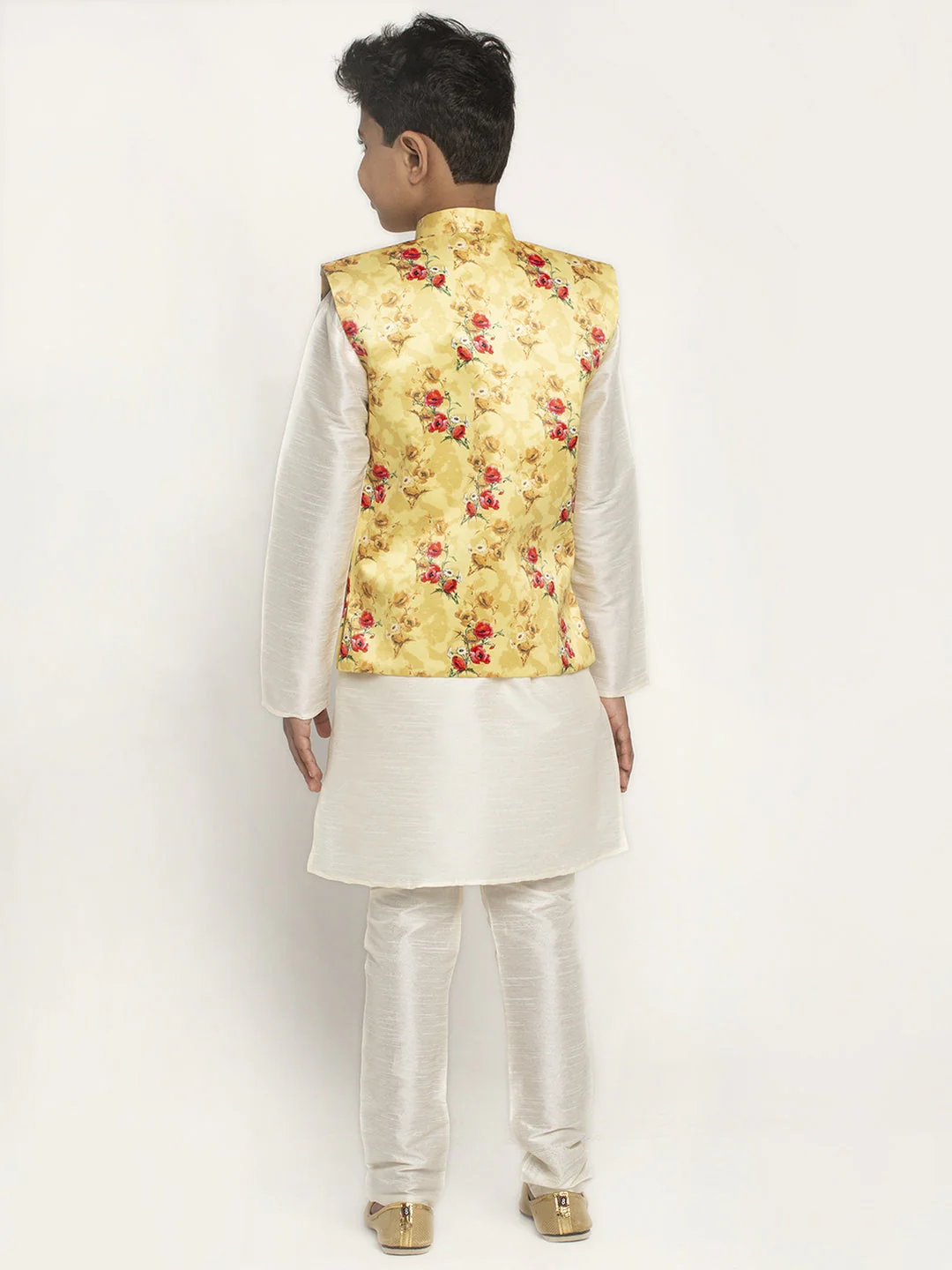 KRAFT INDIA Boys Silk Kurta with Churidar & Satin Printed Nehru jacket Set (CREAM) - Image 13