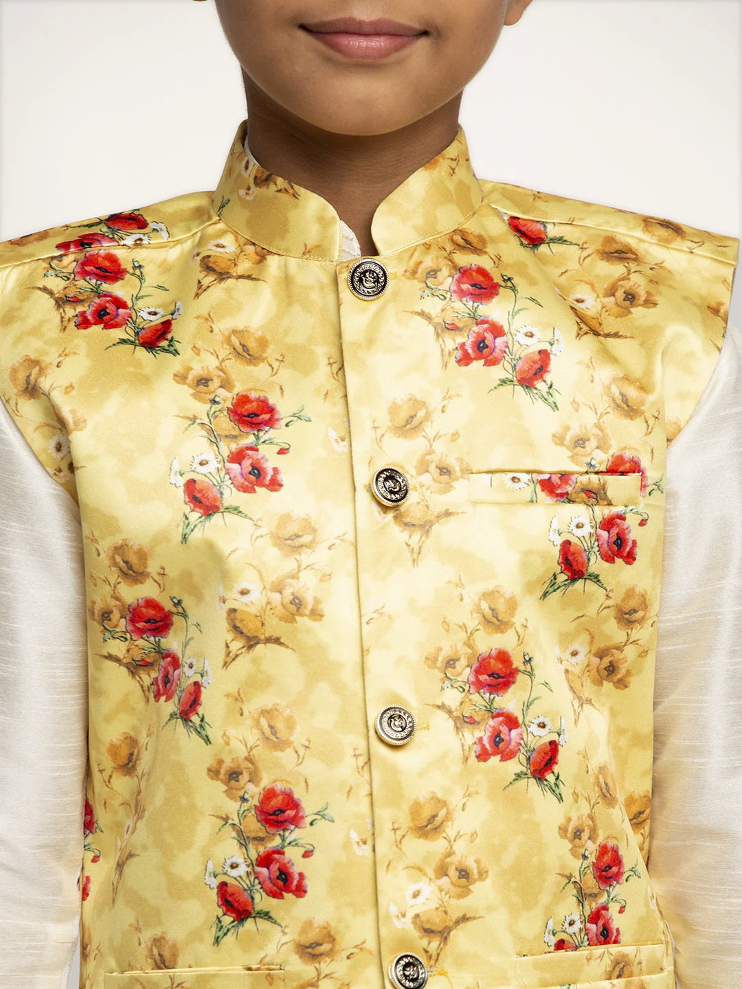 KRAFT INDIA Boys Silk Kurta with Churidar & Satin Printed Nehru jacket Set (CREAM) - Image 14