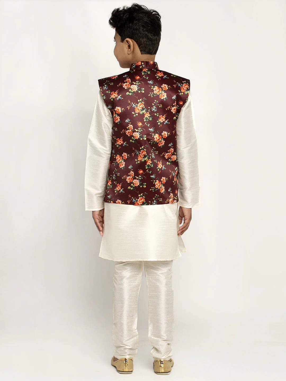 KRAFT INDIA Boys Silk Kurta with Churidar & Satin Printed Nehru jacket Set (CREAM) - Image 3
