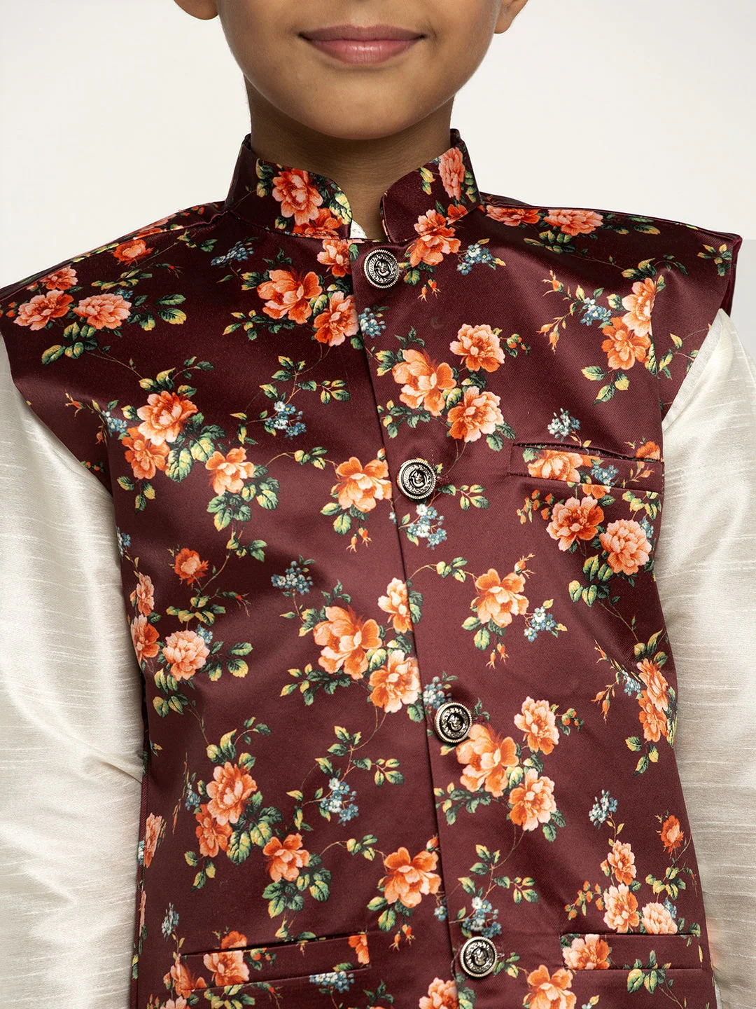 KRAFT INDIA Boys Silk Kurta with Churidar & Satin Printed Nehru jacket Set (CREAM) - Image 4