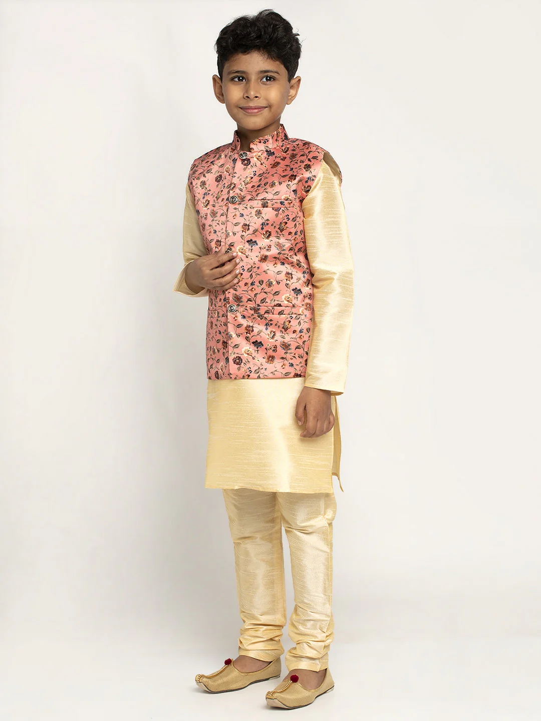KRAFT INDIA Boys Silk Kurta with Churidar & Satin Printed Nehru jacket Set (FAWN) - Image 12