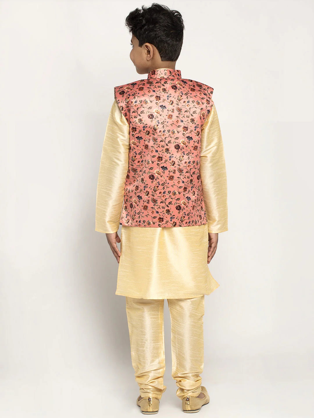 KRAFT INDIA Boys Silk Kurta with Churidar & Satin Printed Nehru jacket Set (FAWN) - Image 13
