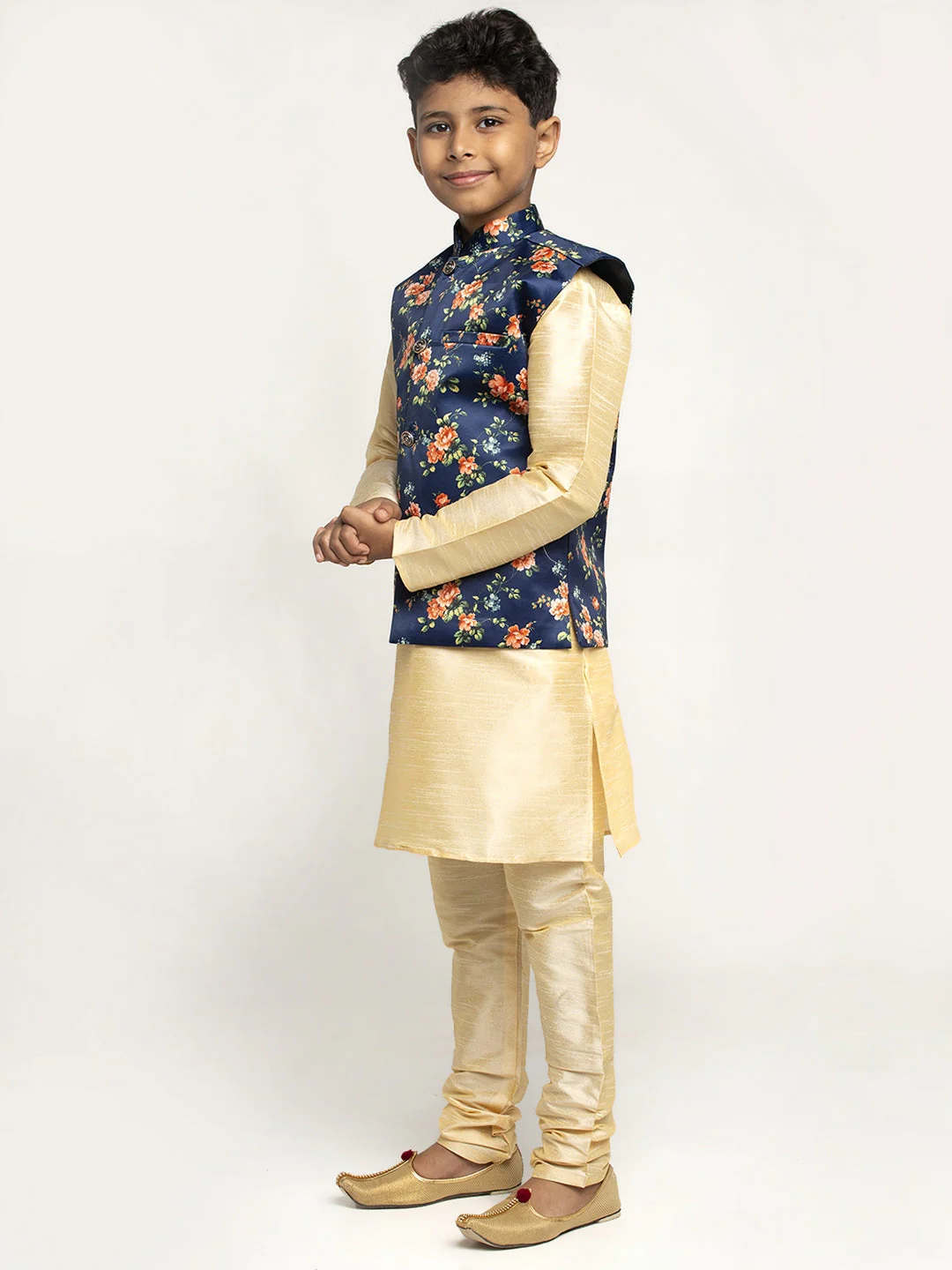 KRAFT INDIA Boys Silk Kurta with Churidar & Satin Printed Nehru jacket Set (FAWN) - Image 27