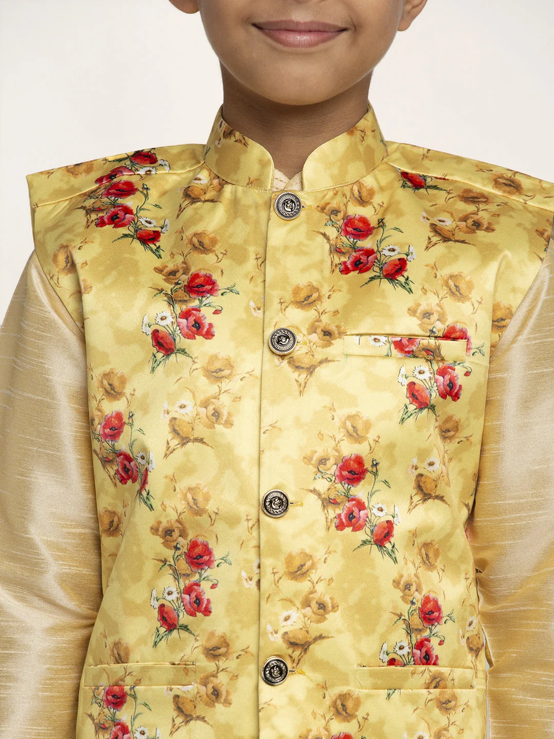 KRAFT INDIA Boys Silk Kurta with Churidar & Satin Printed Nehru jacket Set (FAWN) - Image 4