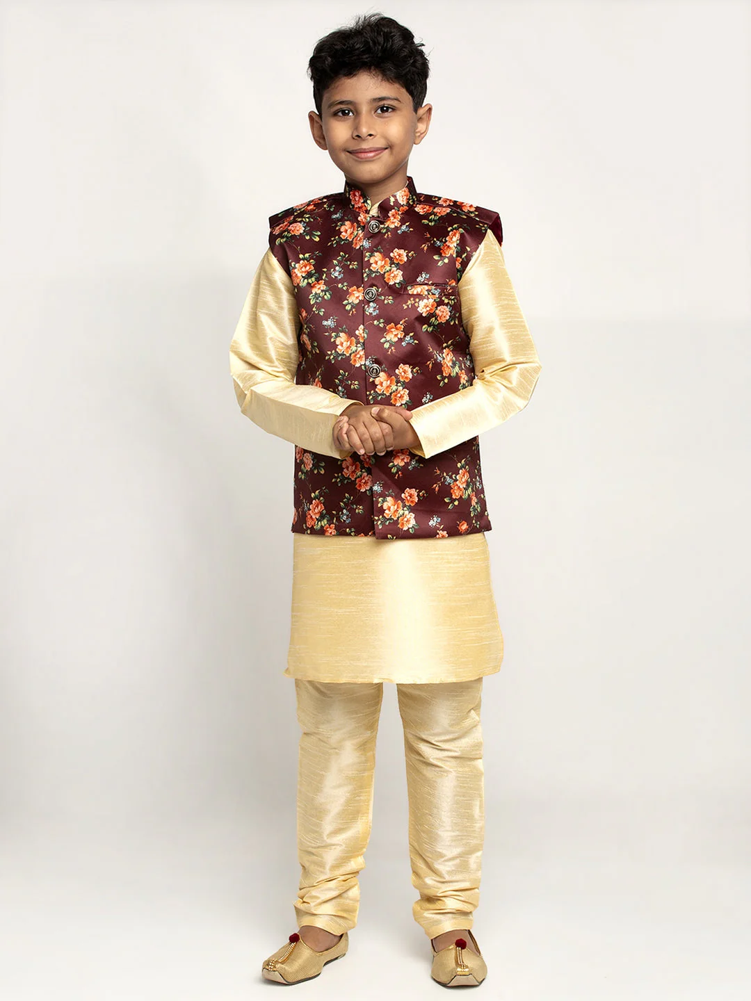 KRAFT INDIA Boys Silk Kurta with Churidar & Satin Printed Nehru jacket Set (FAWN) - Image 6