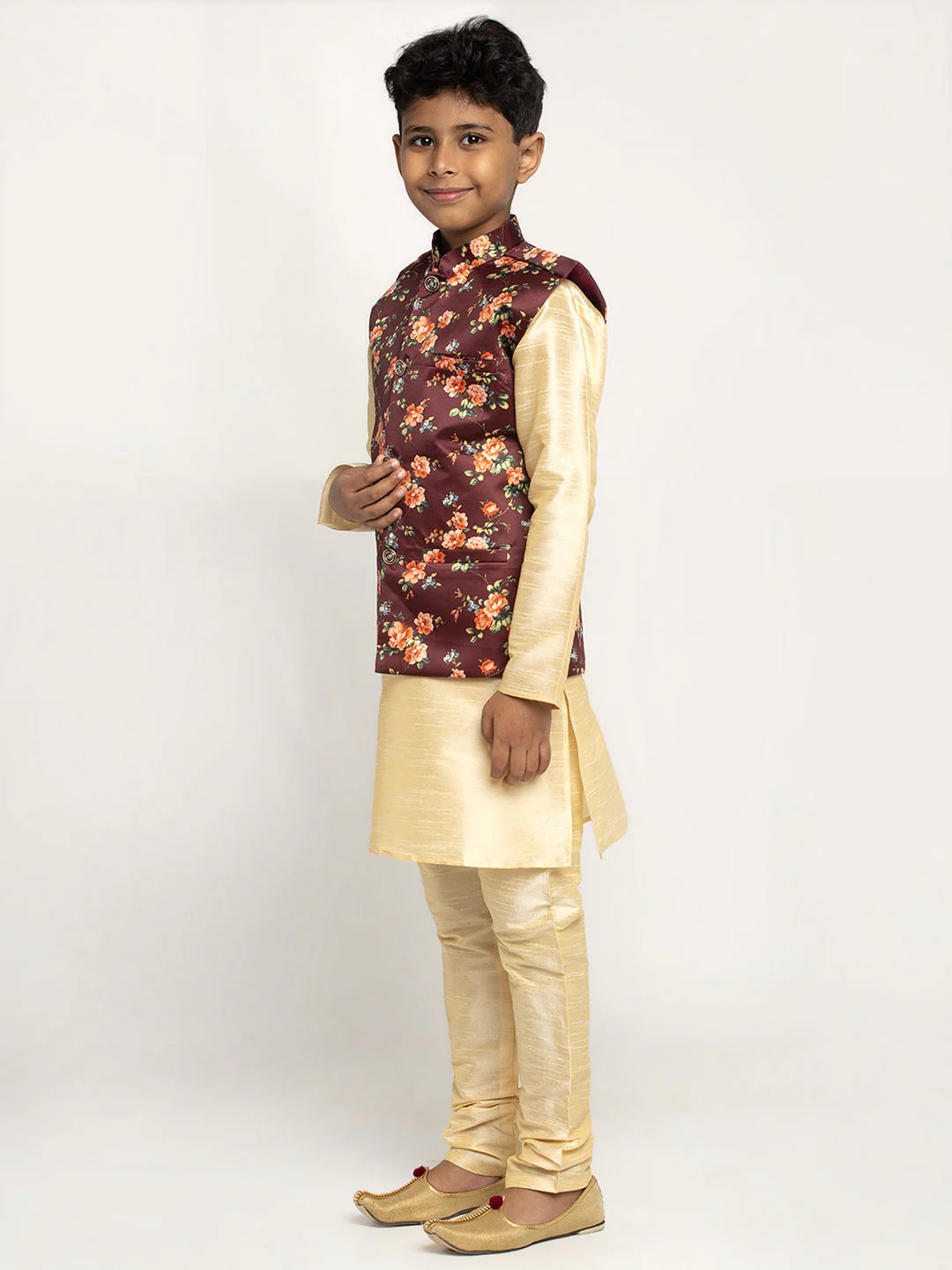 KRAFT INDIA Boys Silk Kurta with Churidar & Satin Printed Nehru jacket Set (FAWN) - Image 7