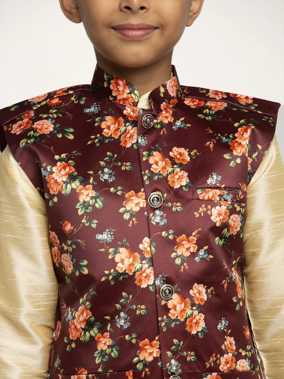 KRAFT INDIA Boys Silk Kurta with Churidar & Satin Printed Nehru jacket Set (FAWN) - Image 9