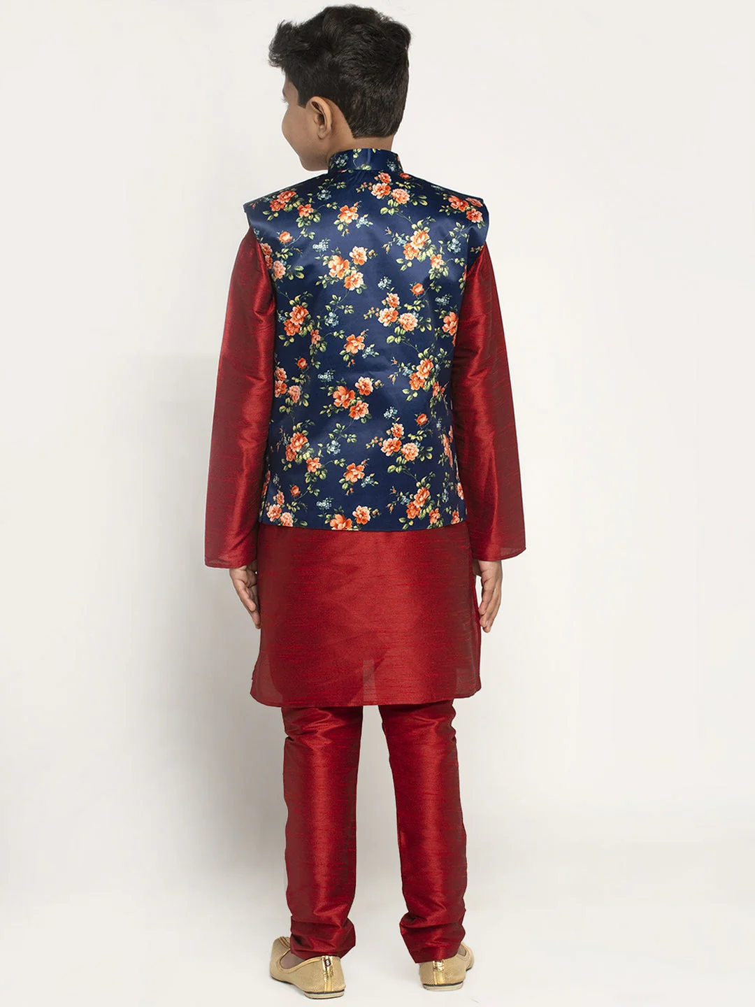 KRAFT INDIA Boys Silk Kurta with Churidar & Satin Printed Nehru jacket Set (MAROON) - Image 13