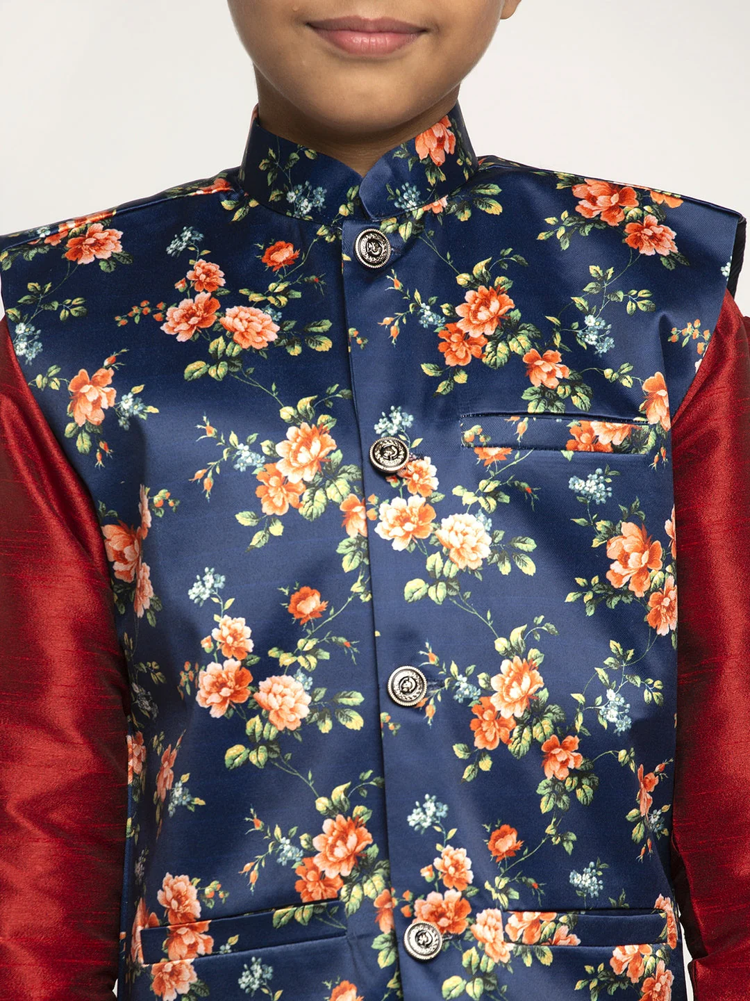 KRAFT INDIA Boys Silk Kurta with Churidar & Satin Printed Nehru jacket Set (MAROON) - Image 14