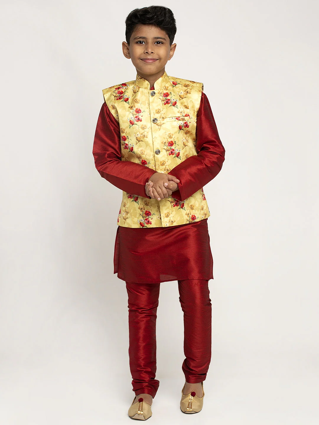 KRAFT INDIA Boys Silk Kurta with Churidar & Satin Printed Nehru jacket Set (MAROON) - Image 16
