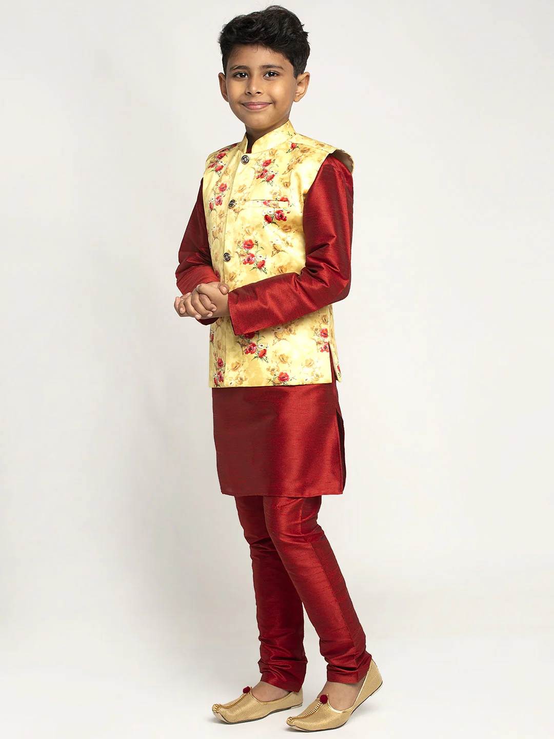 KRAFT INDIA Boys Silk Kurta with Churidar & Satin Printed Nehru jacket Set (MAROON) - Image 17
