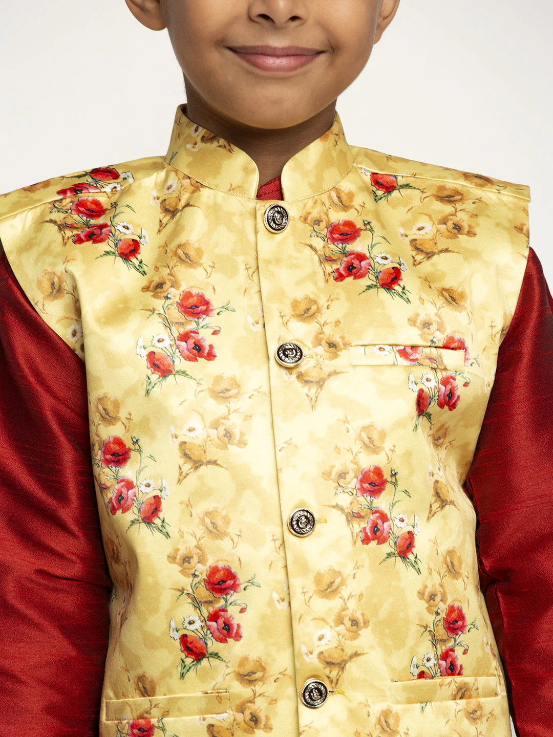 KRAFT INDIA Boys Silk Kurta with Churidar & Satin Printed Nehru jacket Set (MAROON) - Image 19