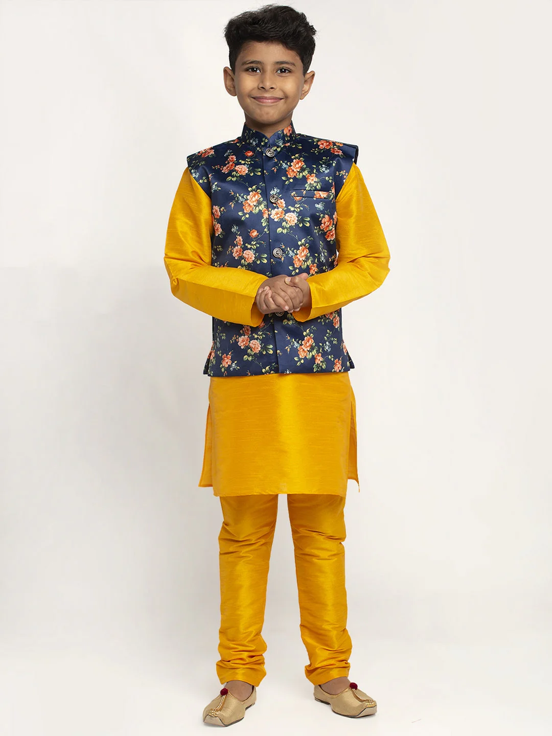 KRAFT INDIA Boys Silk Kurta with Churidar & Satin Printed Nehru jacket Set (MUSTARD)