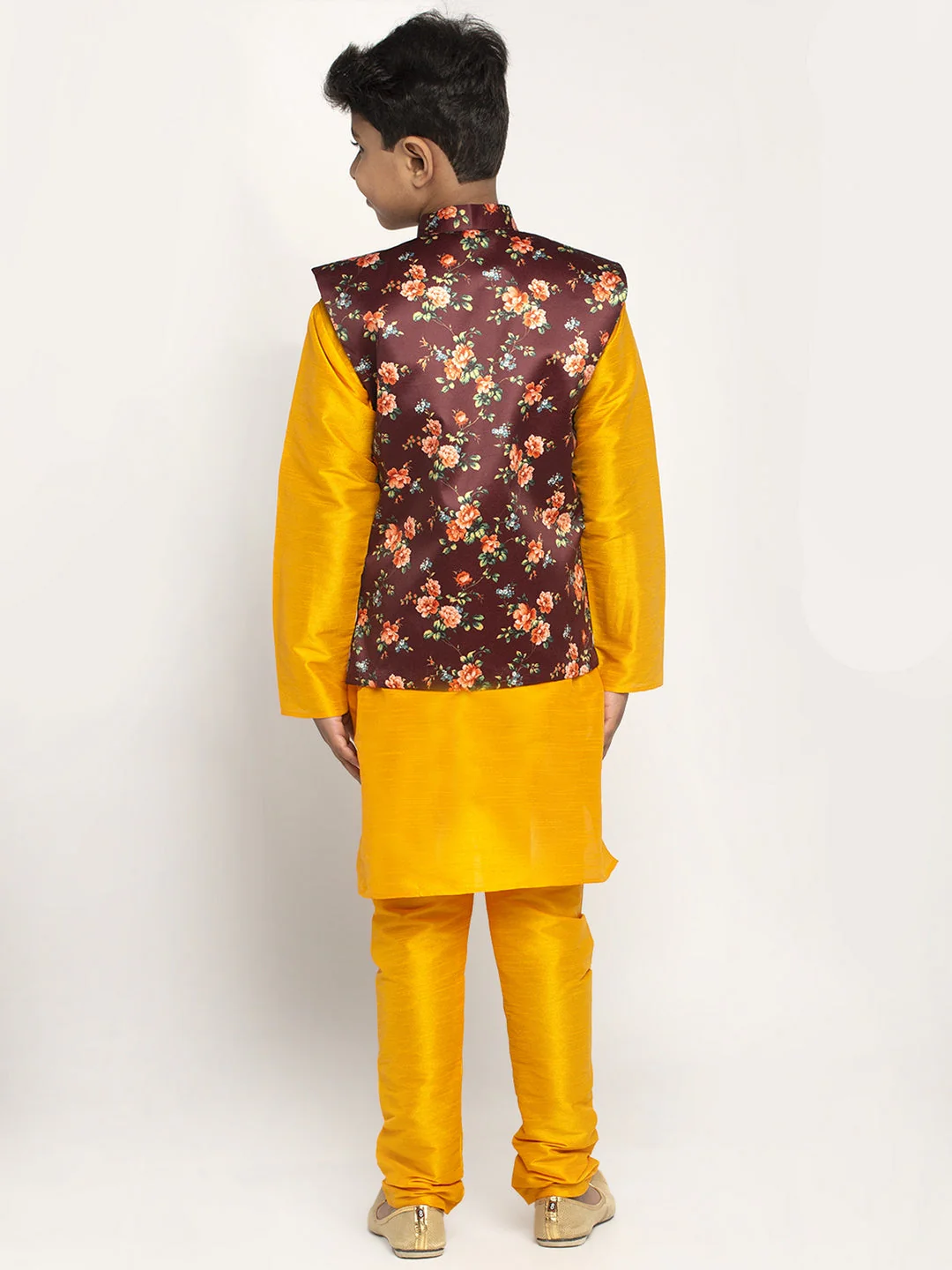 KRAFT INDIA Boys Silk Kurta with Churidar & Satin Printed Nehru jacket Set (MUSTARD) - Image 13