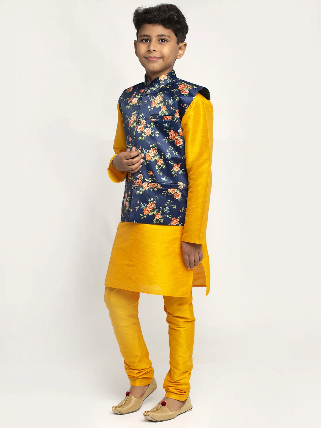 KRAFT INDIA Boys Silk Kurta with Churidar & Satin Printed Nehru jacket Set (MUSTARD) - Image 2