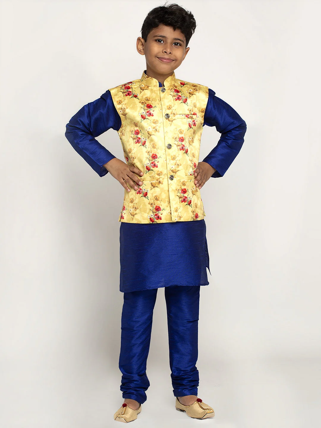 KRAFT INDIA Boys Silk Kurta with Churidar & Satin Printed Nehru jacket Set (Royal Blue)