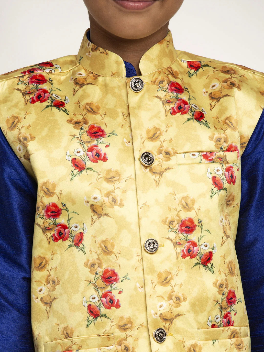 KRAFT INDIA Boys Silk Kurta with Churidar & Satin Printed Nehru jacket Set (Royal Blue) - Image 4