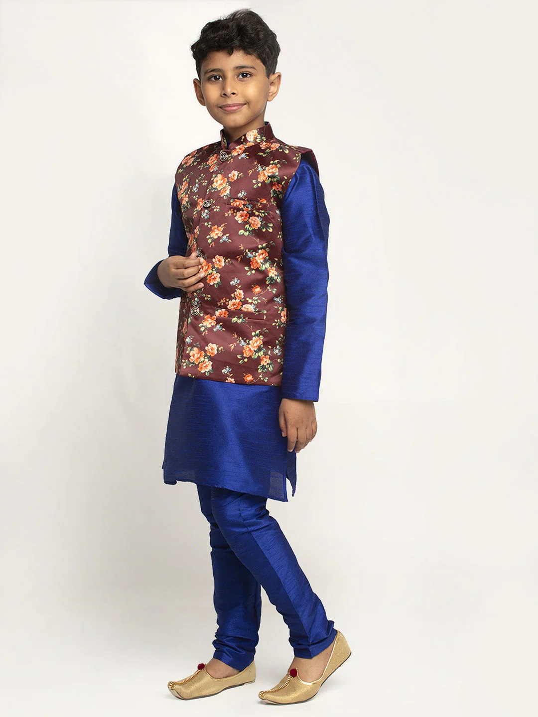 KRAFT INDIA Boys Silk Kurta with Churidar & Satin Printed Nehru jacket Set (Royal Blue) - Image 7