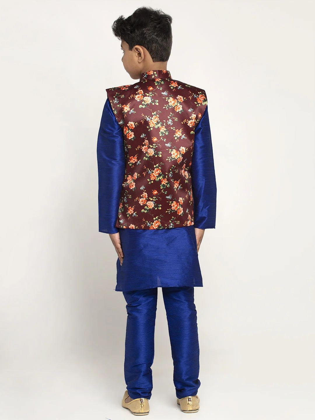 KRAFT INDIA Boys Silk Kurta with Churidar & Satin Printed Nehru jacket Set (Royal Blue) - Image 8