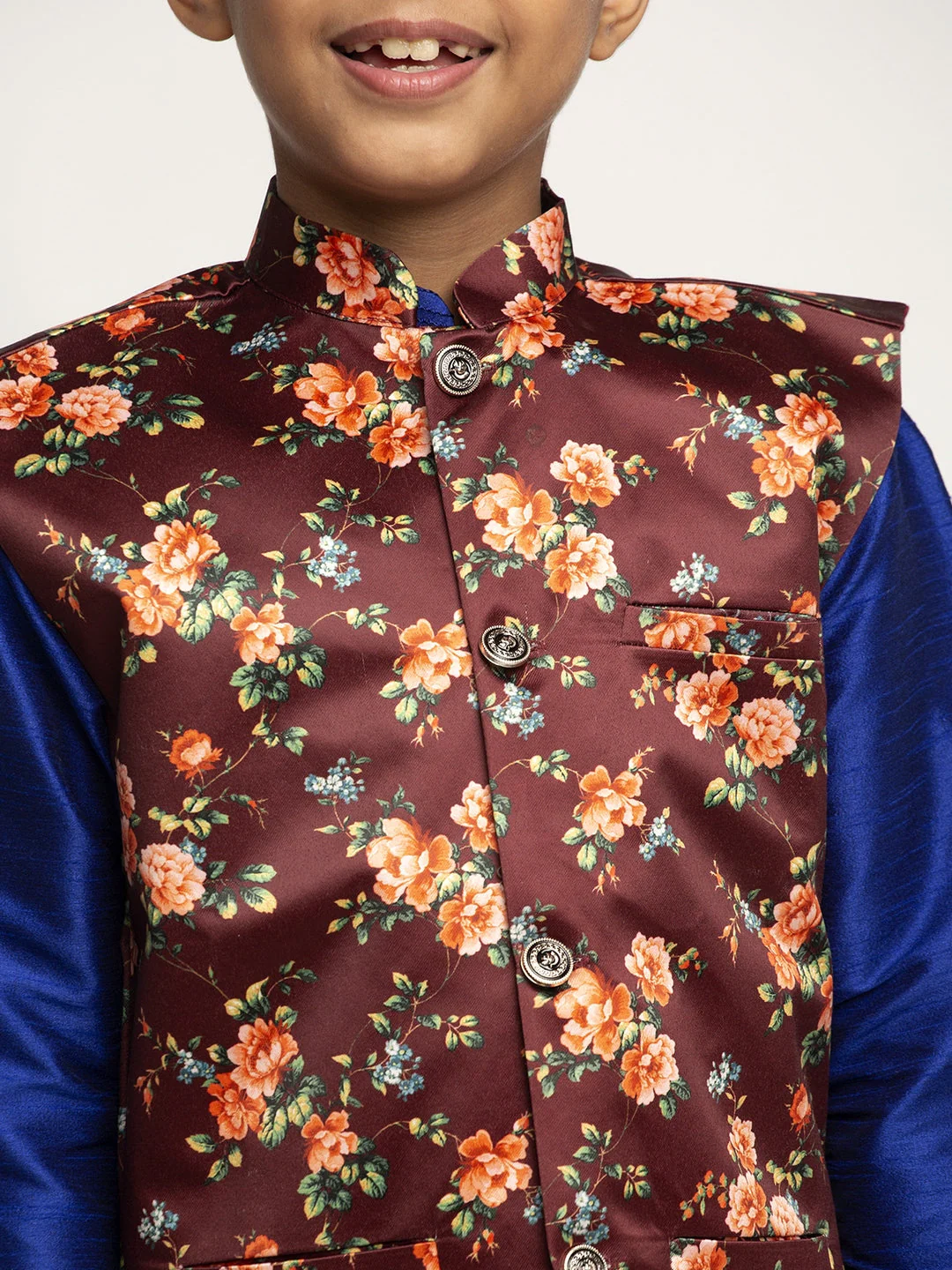 KRAFT INDIA Boys Silk Kurta with Churidar & Satin Printed Nehru jacket Set (Royal Blue) - Image 9