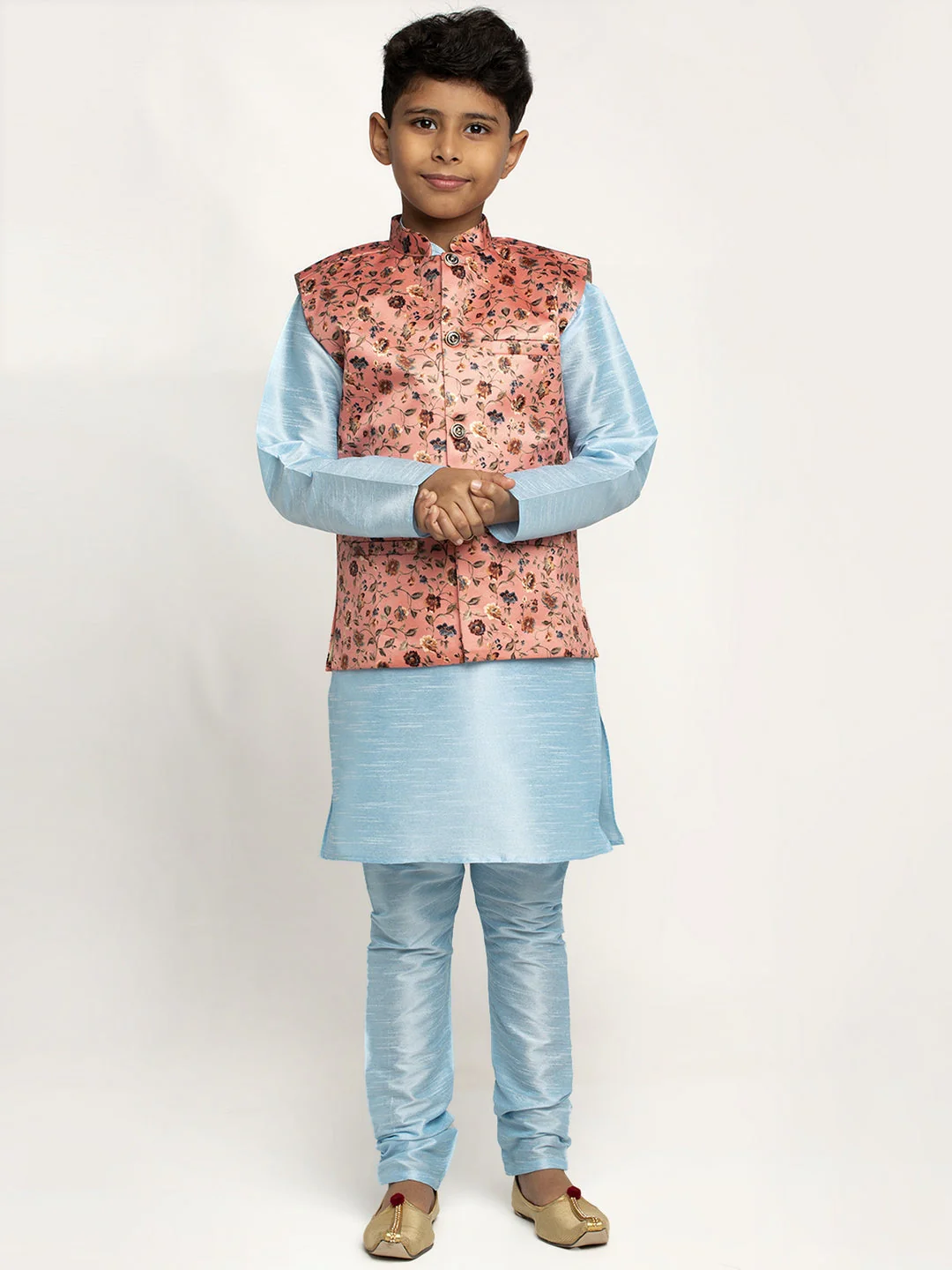 KRAFT INDIA Boys Silk Kurta with Churidar & Satin Printed Nehru jacket Set (SKYBLUE)