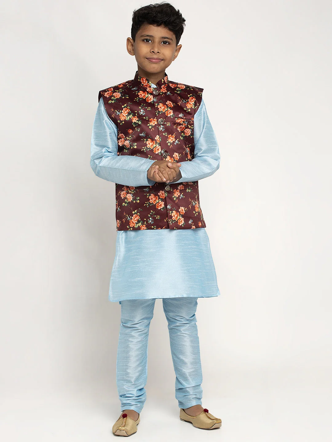 KRAFT INDIA Boys Silk Kurta with Churidar & Satin Printed Nehru jacket Set (SKYBLUE) - Image 16