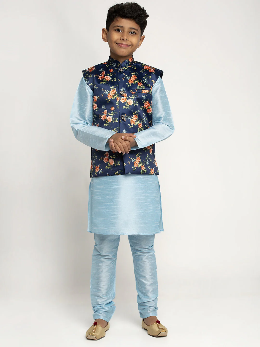 KRAFT INDIA Boys Silk Kurta with Churidar & Satin Printed Nehru jacket Set (SKYBLUE) - Image 6