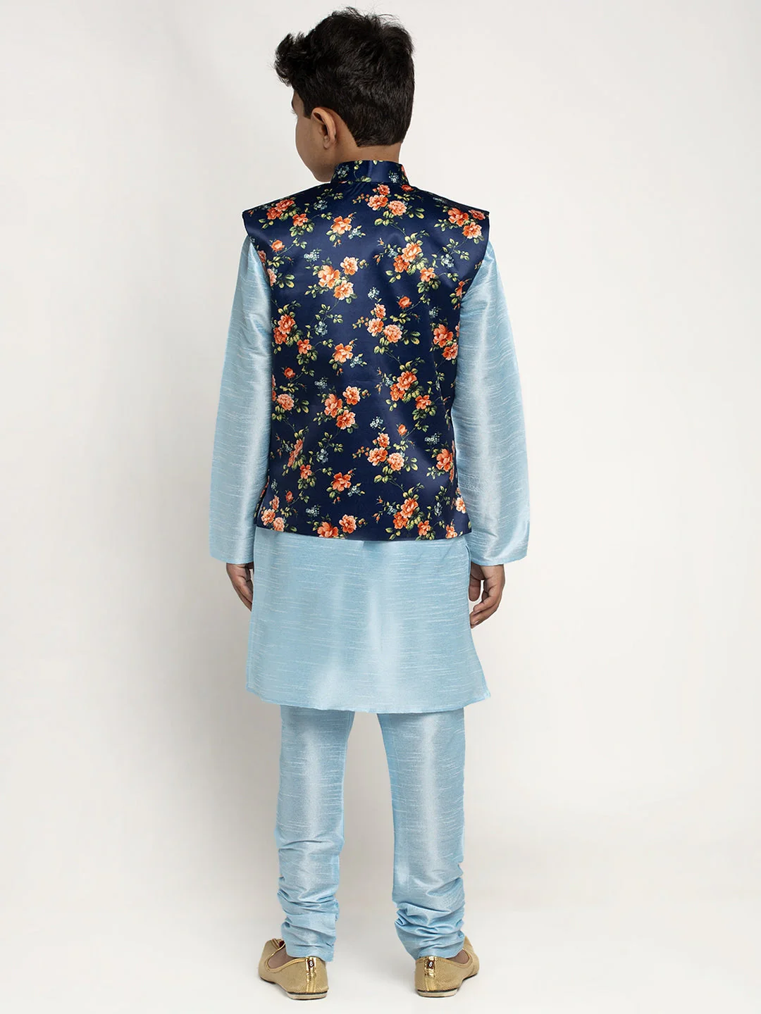 KRAFT INDIA Boys Silk Kurta with Churidar & Satin Printed Nehru jacket Set (SKYBLUE) - Image 8