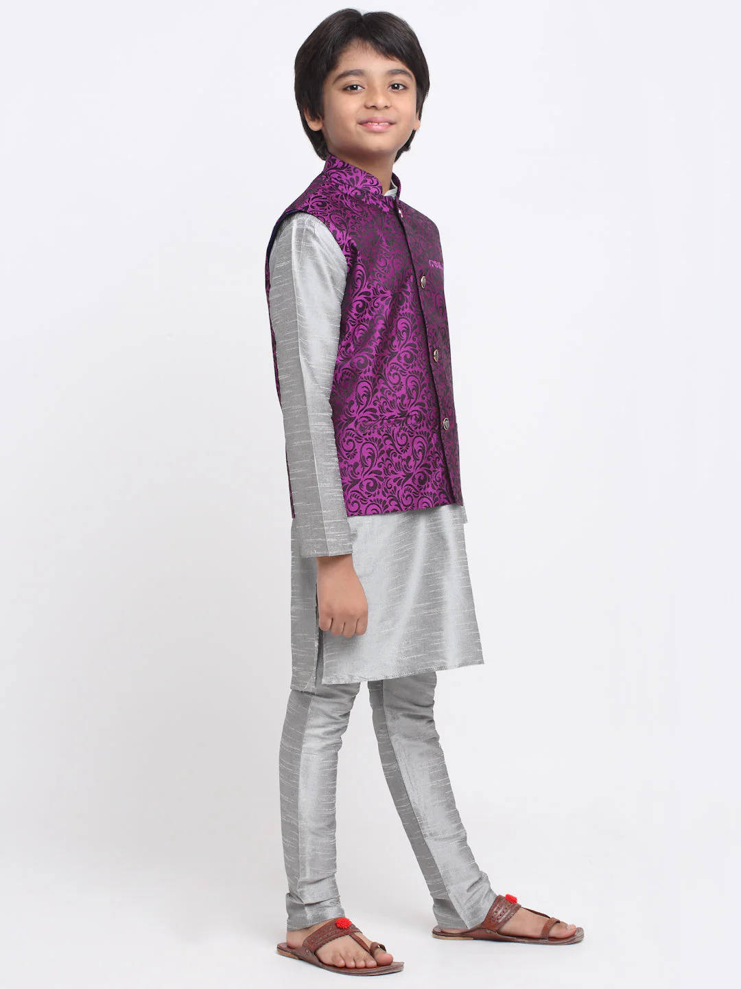 KRAFT INDIA Boys Silver Silk Blend Kurta and Churidar with Jacquard Purple Nehru jacket - Image 2
