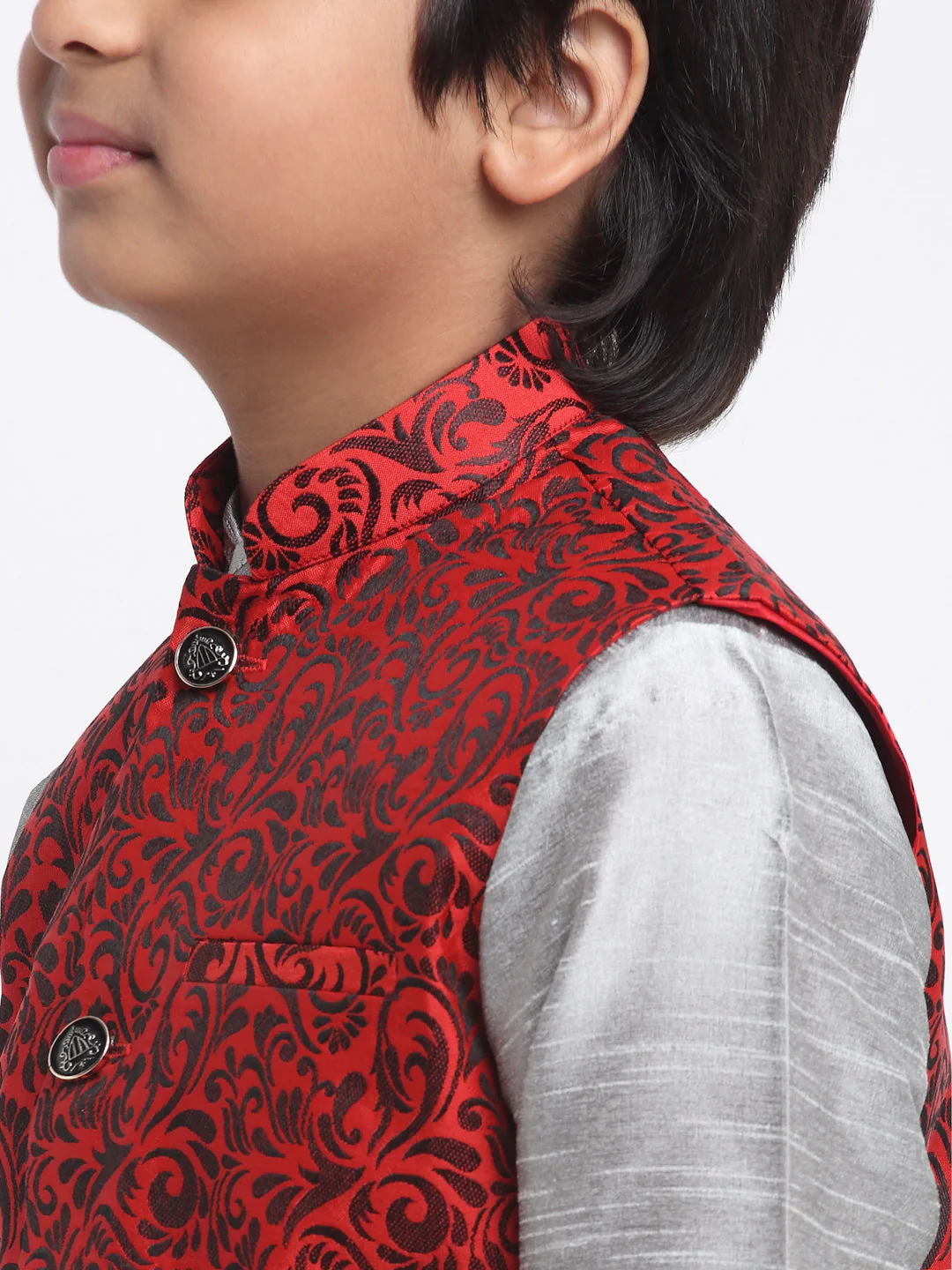 KRAFT INDIA Boys Silver Silk Blend Kurta and Churidar with Jacquard Red Nehru jacket - Image 5