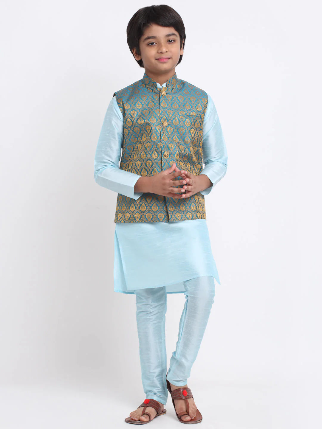KRAFT INDIA Boys Sky Blue Silk Blend Kurta and Churidar with Jacquard Blue Nehru Jacket