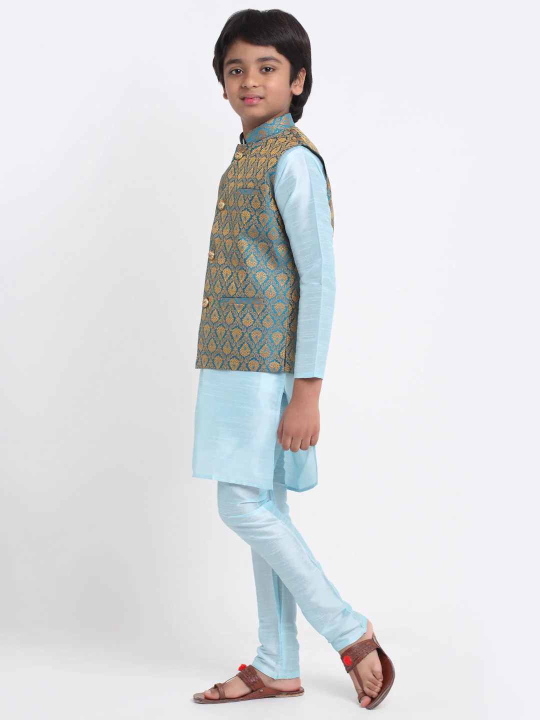 KRAFT INDIA Boys Sky Blue Silk Blend Kurta and Churidar with Jacquard Blue Nehru Jacket - Image 2
