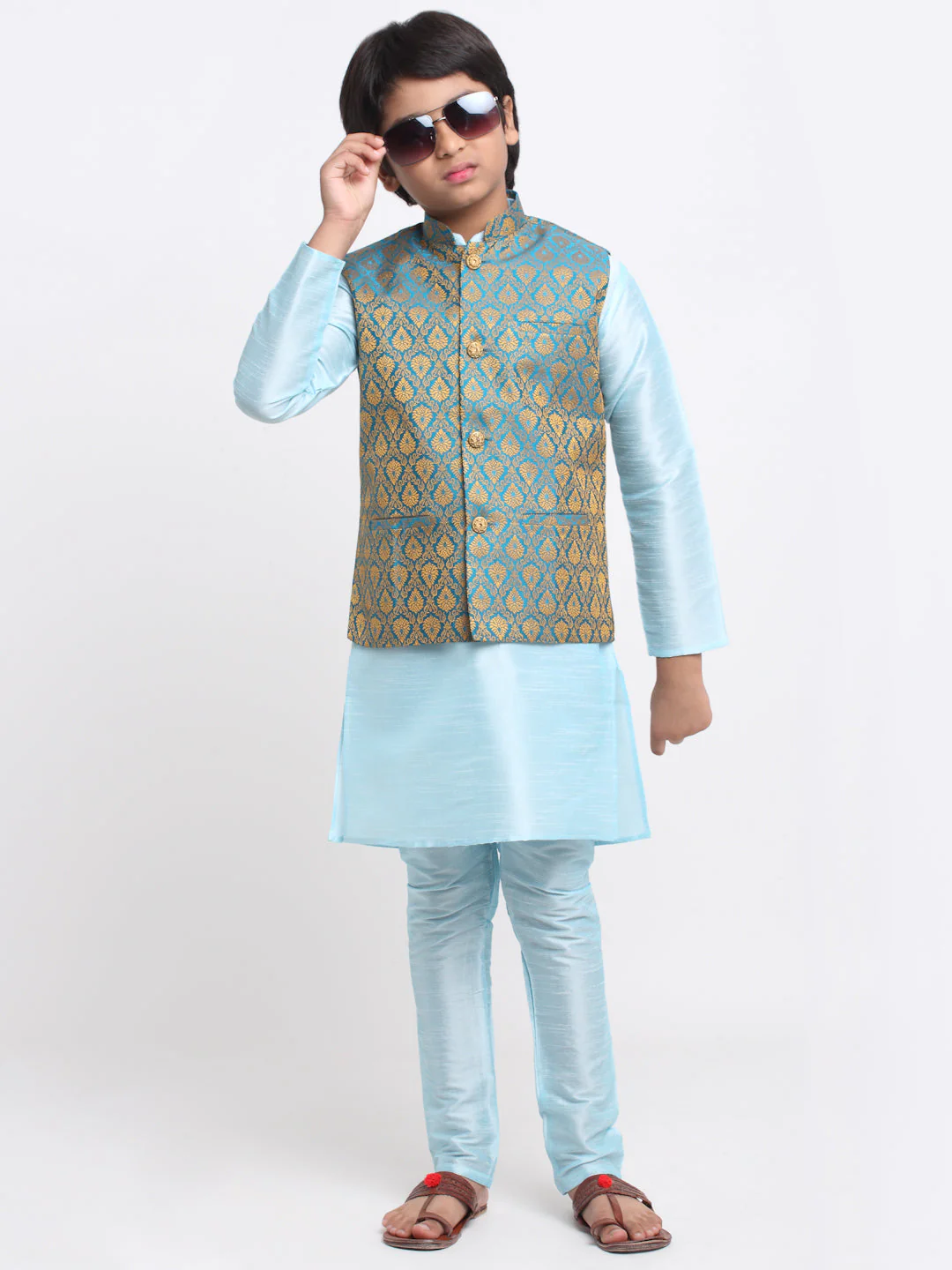 KRAFT INDIA Boys Sky Blue Silk Blend Kurta and Churidar with Jacquard Blue Nehru Jacket - Image 4