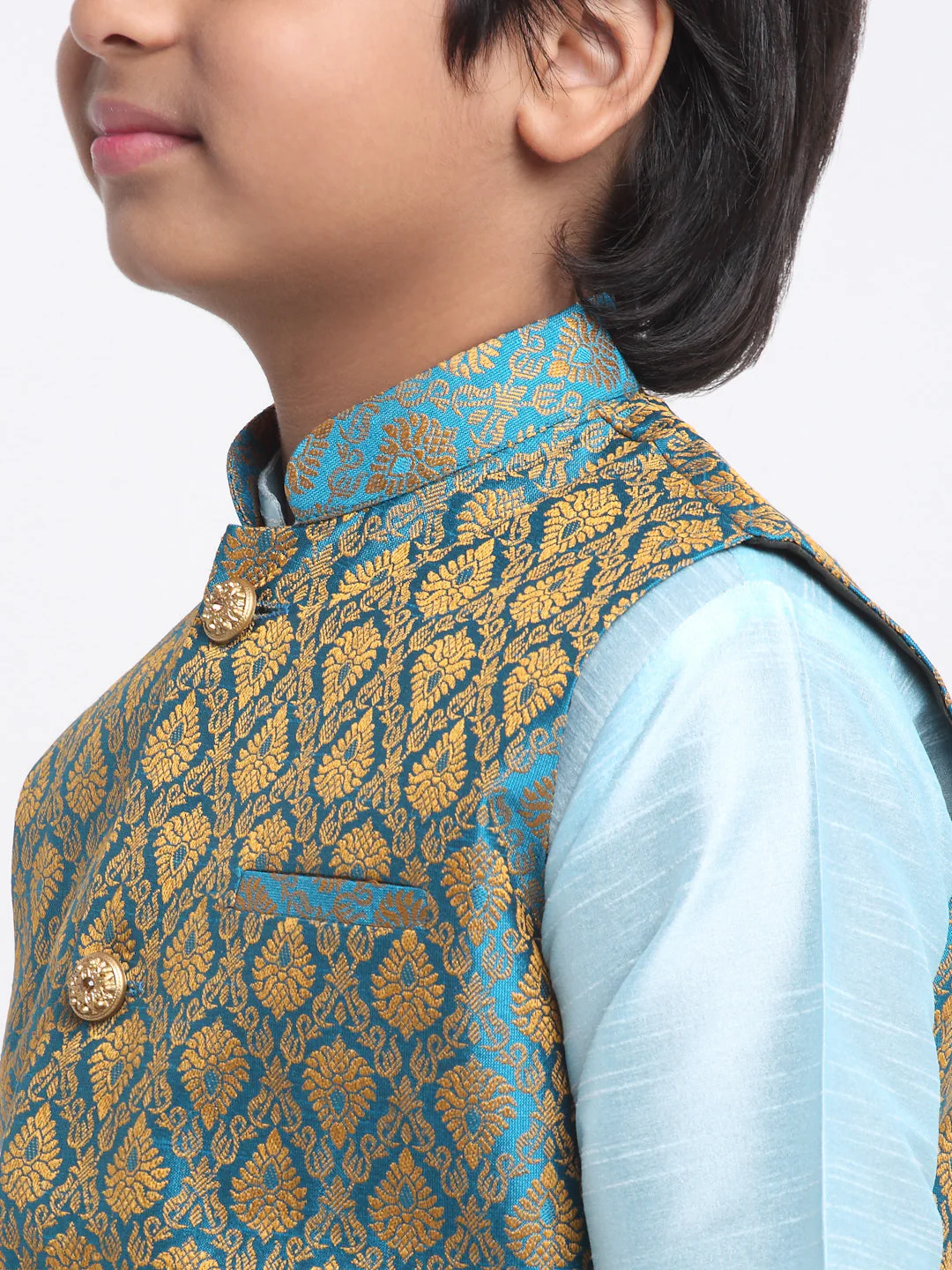 KRAFT INDIA Boys Sky Blue Silk Blend Kurta and Churidar with Jacquard Blue Nehru Jacket - Image 5