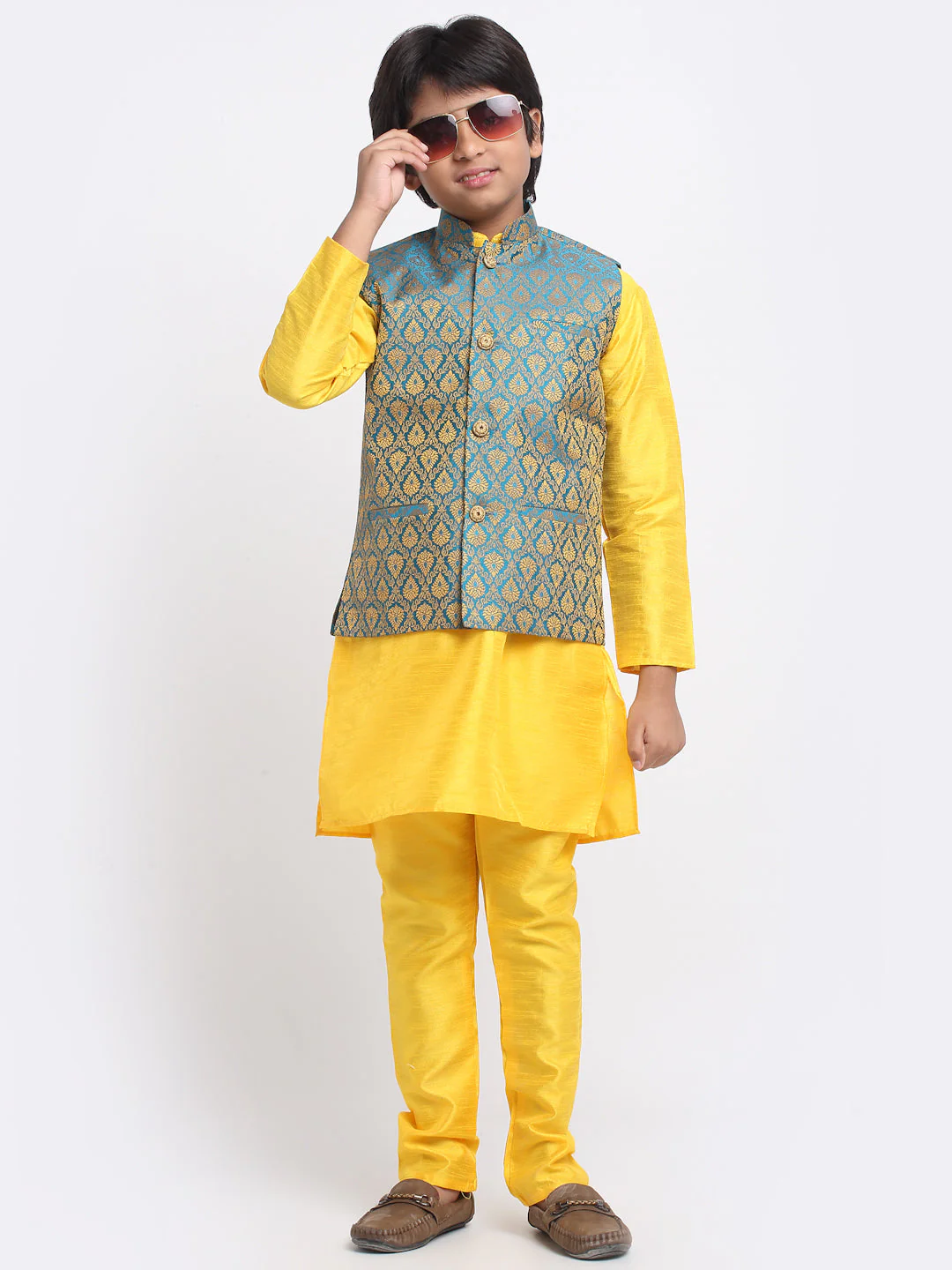 KRAFT INDIA Boys Yellow Silk Blend Kurta and Churidar with Jacquard Blue Nehru jacket - Image 3