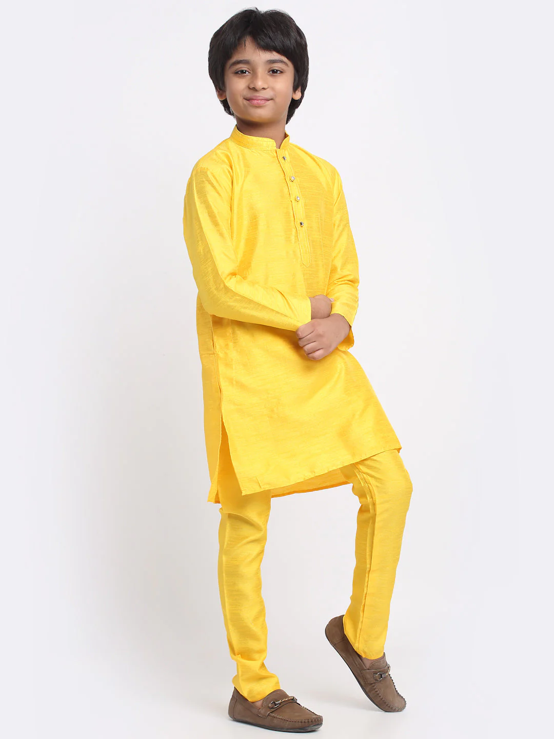KRAFT INDIA Boys Yellow Silk Blend Kurta and Churidar with Jacquard Blue Nehru jacket - Image 7