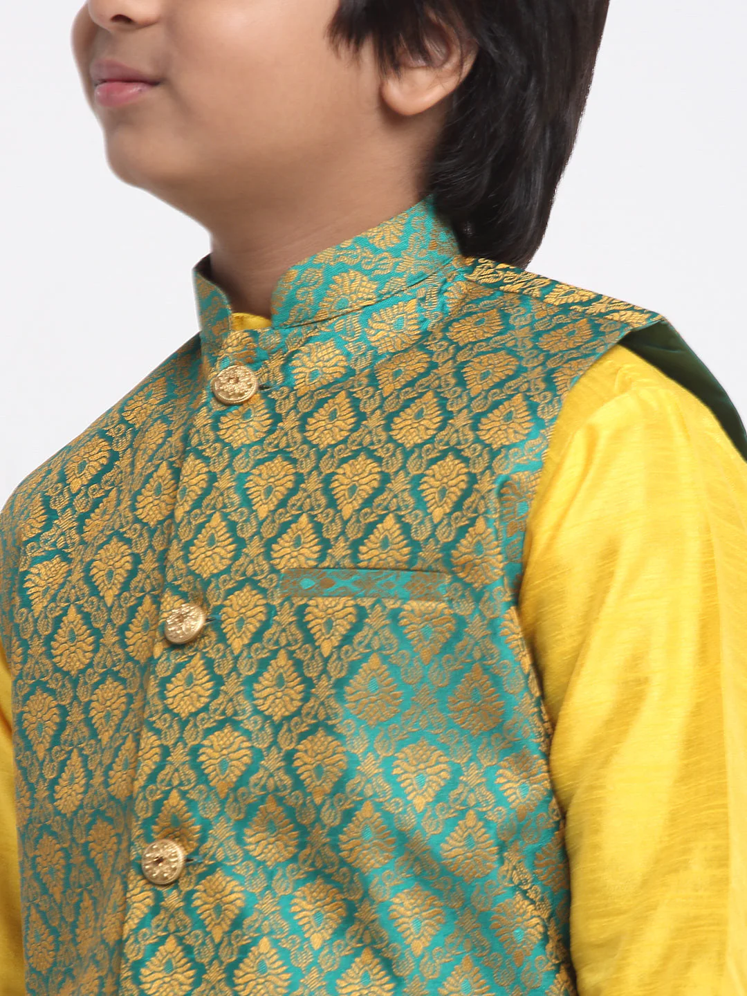 KRAFT INDIA Boys Yellow Silk Blend Kurta and Churidar with Jacquard Green Nehru jacket - Image 5