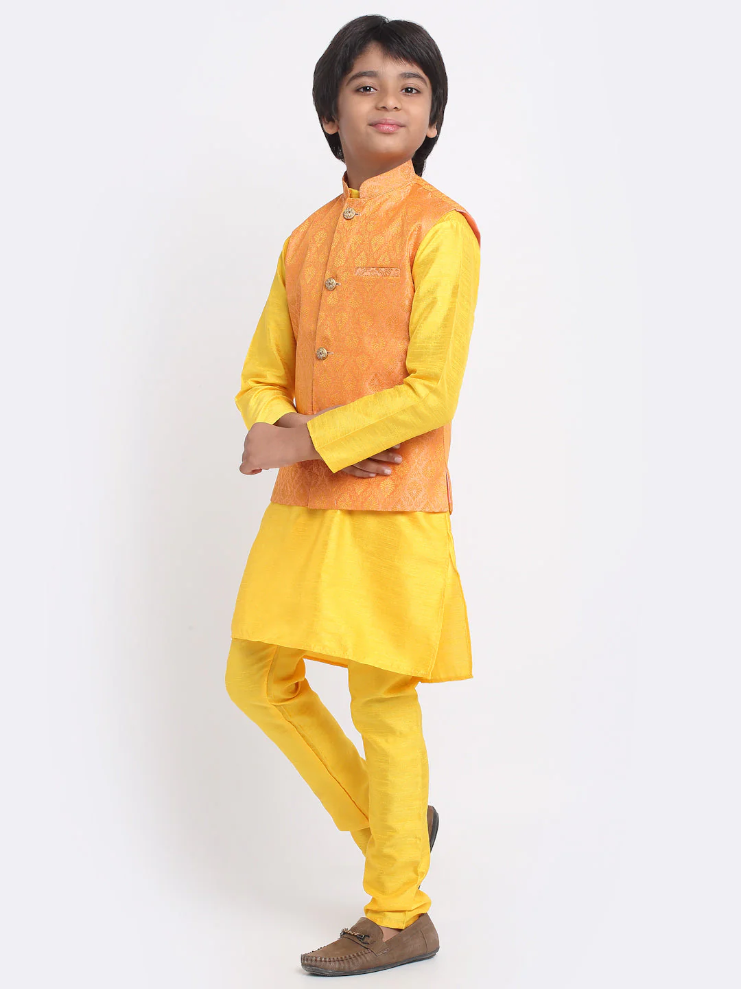 KRAFT INDIA Boys Yellow Silk Blend Kurta and Churidar with Jacquard Peach Nehru jacket - Image 2