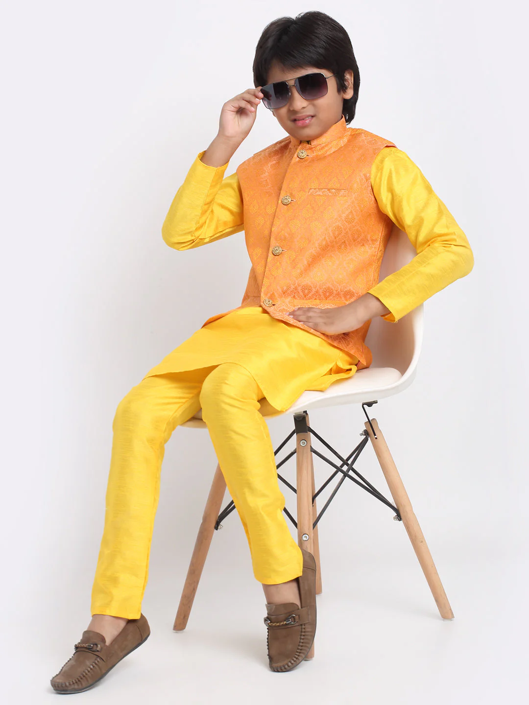 KRAFT INDIA Boys Yellow Silk Blend Kurta and Churidar with Jacquard Peach Nehru jacket - Image 5
