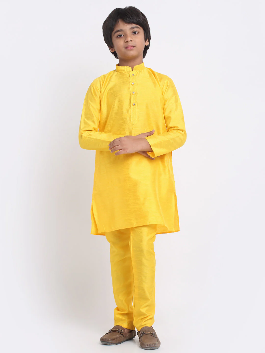 KRAFT INDIA Boys Yellow Silk Blend Kurta and Churidar with Jacquard Purple Nehru jacket - Image 6