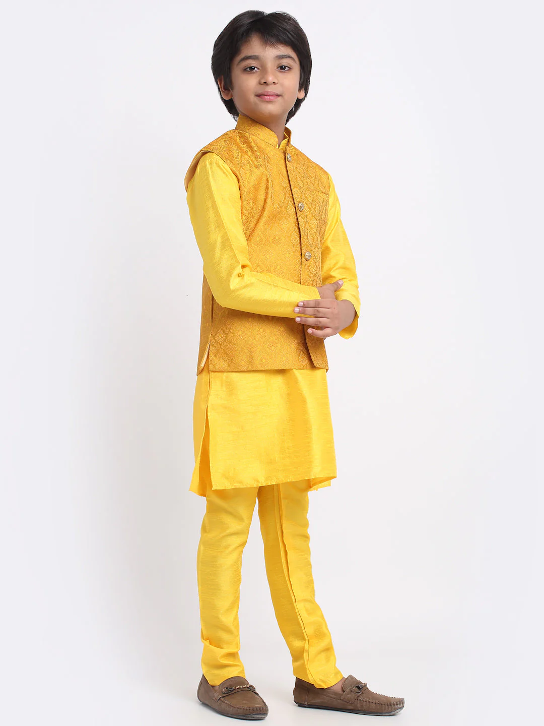 KRAFT INDIA Boys Yellow Silk Blend Kurta and Churidar with Jacquard Yellow Nehru jacket - Image 2